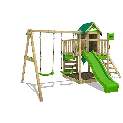 FATMOOSE Parque Infantil JazzyJungle Jam XXL con Columpio y Tobogán Verde Manzana, Torre de Escalada para Niños al Aire Libre con Escalera para Arenero y Accesorios de Juego para el Jardín