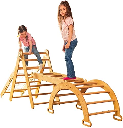 Goodevas 4 en 1 dispositivo de juego para niños triángulo de escalada Montessori, arco de madera, tabla de deslizamiento, equilibrio de parque infantil, juguete de escalada Waldorf de 6 meses a 7 años