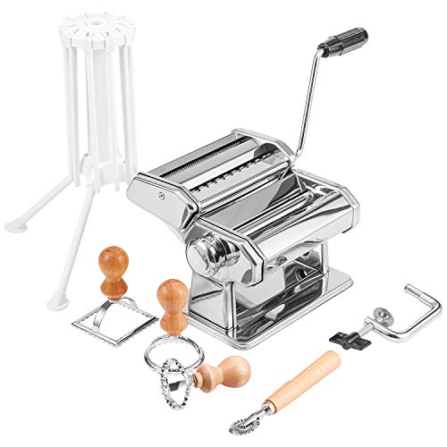 Máquina de fideos, rodillo manual de pasta para espaguetis, tagliatelle, 3 cortadores de ravioli, pastas y estante de secado extra, acero inoxidable