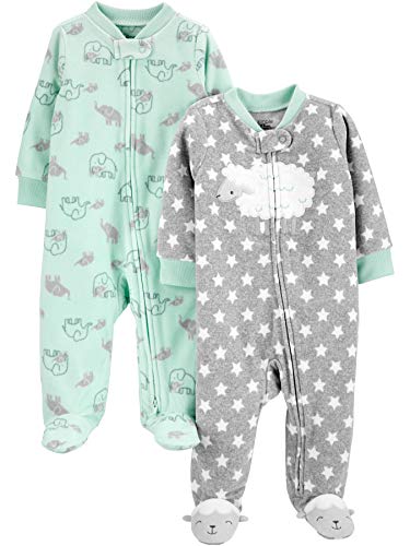 Simple Joys by Carter's 2-Pack Neutral Fleece Footed Sleep and Play Duermen para bebés y niños pequeños, Gris Estrellas/Verde Menta Elefante, 0-3 Meses (Pack de 2)