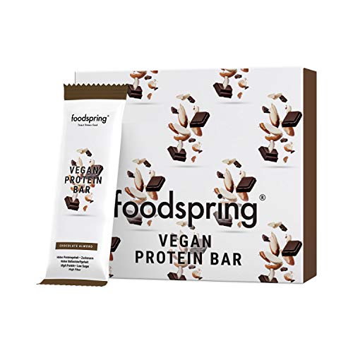 foodspring Barrita Proteica Vegana, 12 x 60g, Chocolate y Almendras, Barrita proteica de origen vegetal sin aromas artificiales, bajo en azúcar y alto en proteína