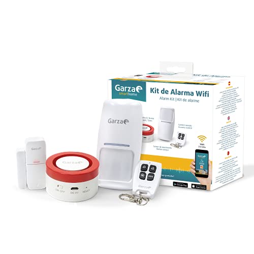 Garza Smart - Kit Sistema de Alarma Inteligente Wifi para el hogar, Sirena 120 dB, Sensor Movimiento y Apertura de Puertas/Ventanas, Alarma sin cuotas, Wifi 2,4 GHz, Control remoto a través de app