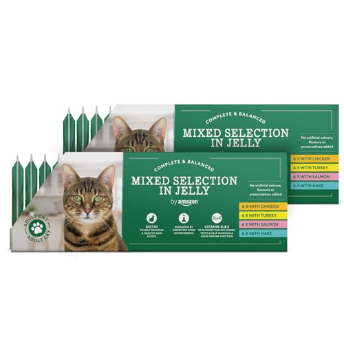 by Amazon Alimento completo para gatos adultos - Selección mixta en gelatina, 4,8 kg (48 Paquetes de 100g)