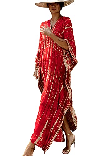 YouKD Traje de baño largo kaftan, bohemio, playa, kimono para cubrir más el tamaño del vestido para las mujeres, B Rojo, Talla única