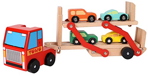 TOWO Camión de Madera portacoches Juguete - Camión transportador con Remolque de Dos Pisos y 4 Coches de Madera - Juguetes de Madera del Coche para niños