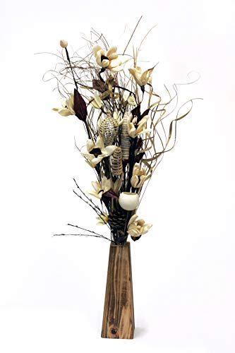 Ramo de flores secas artificiales, de color crema, hechas a mano, de 85 cm de altura, con jarrón de madera de 26 cm incluido
