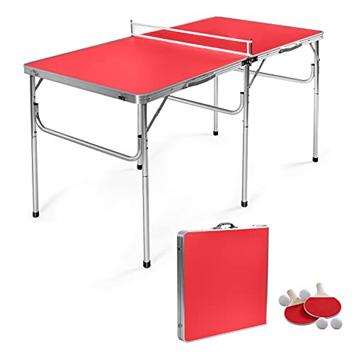 GOPLUS Mesa de ping Pong plegable con 2 bolas y 2 raquetas, ejercicio de adultos y niños, ideal para exterior e interior, fácil transporte y montaje, 152,4 x 76,2 x 76,2 cm (rojo)