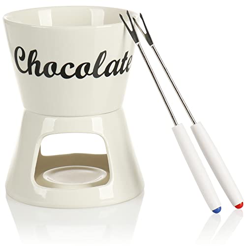 COM-FOUR® Juego de 4 piezas para fondue de chocolate - cuenco de cerámica con 2 tenedores - para 2 personas - con portavelas