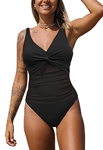 NLAND Bañador para Mujer en V Fruncido Traje de Baño de Una Pieza Monokinis Natacióncon Relleno Elegante para Mujer(Negro,L)
