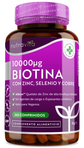 Biotina 10 000 mcg con zinc, selenio y cobre - 365 comprimidos - Zinc Albion® para una mejor absorción - Suplemento para cabello, piel y uñas de alta dosis totalmente vegano - Nutravita