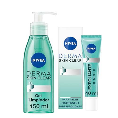 NIVEA Derma Skin Clear Peeling Exfoliante de Noche (1 x 40 ml) + NIVEA Derma Skin Clear Gel Limpiador (1 x 150 ml), para Pieles Propensas a Imperfecciones con Fórmula Vegana, Regenerador de Piel