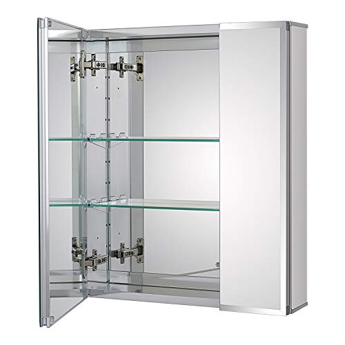 Fundin Armario de aluminio con espejo para empotrar o montaje en superficie, con puerta de espejo de doble cara, 50 x 61 cm, con estantes ajustables de cristal templado