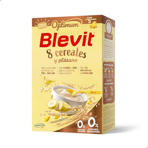 Blevit Optimum 8 Cereales y Plátano - Papilla para Bebé con 85% de cereales, Copos de Plátano, Vitaminas, Minerales y Fibra - 250g