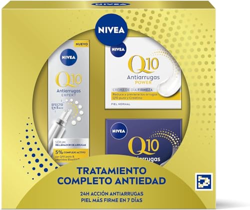 NIVEA Pack Rutina Antiedad Q10 Antiarrugas Power 4 semanas, Caja de regalo con crema de día con FP15 (1 x 50 ml), crema de noche (1 x 50 ml) y sérum concentrado (1 x 15 ml)