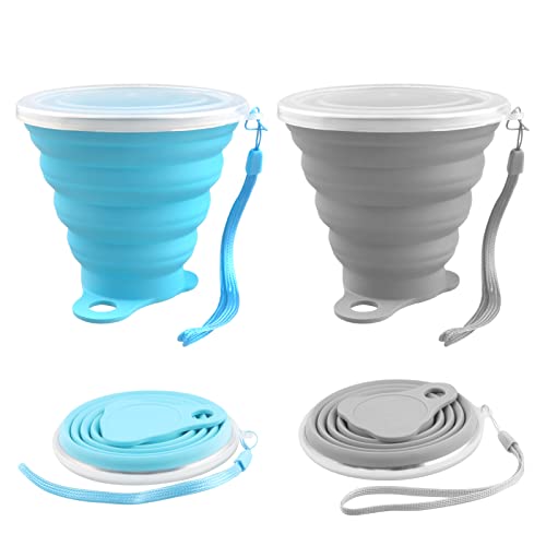 Elezenioc silicona vasos plegables, 2 pcs taza plegable silicona Vaso con Tapa sin BPA Portátil y Reutilizable Taza de taza camping