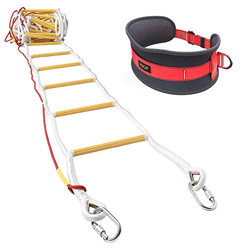 ISOP Escalera de Emergencia para Cuerda de Escape contra Incendios de 10 m/32 pi para hogares de 3 a 5 Pisos Escalera de Seguridad Resistente a Las Llamas con Mosquetones y Cinturón