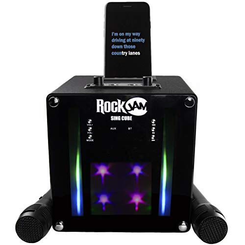 RockJam Máquina de karaoke RJSC01-BK Singcube recargable Bluetooth de 5 vatios con dos micrófonos, efectos de cambio de voz y luces LED, negra