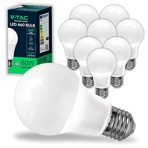 V-TAC 10x Bombillas LED E27, Edison - A60-8,5W (Equivalente a 60W) - 806 Lumen - 6500K Blanco Frìo - Apertura del Haz de Luz 200° - Máxima Eficiencia y Bajo Consumo, VT-2099-10