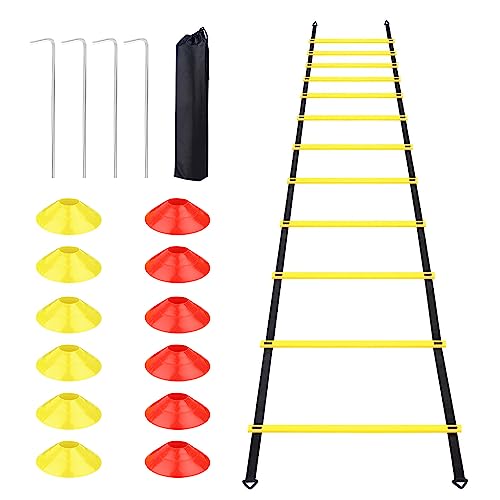 talifoca Accesorios de Entrenamiento de fútbol Agility Ladder 6 M-12 peldaños, Escalera de Entrenamiento de fútbol Escalera de coordinación con 12 Conos y 4 estacas para Entrenamiento