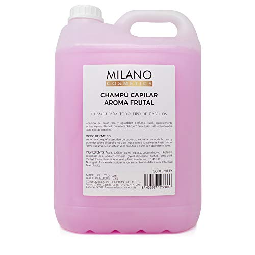 Milano Champú Capilar Aroma Frutal 5000 ml Champú garrafa, agradable perfume frutal sin sales duras ni siliconas, 5 litros