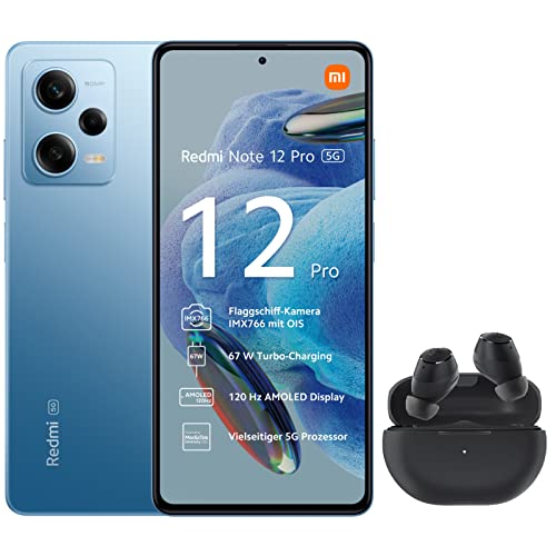 Xiaomi Redmi Note 12 Pro 5G Teléfono inteligente con auriculares inalámbricos intraurales (6,67', AMOLED DotDisplay, 128 GB, 6 GB de RAM, Dual SIM, 120 Hz, Full HD, azul celeste