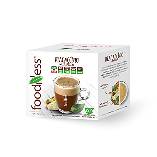 FoodNess - Cápsula de café compatible Dolce Gusto sin lactosa ni gluten a base de café cacao y maca (1 caja total de 10 cápsulas).