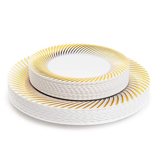MATANA - 40 Platos de Plástico Duro Blanco con Borde Dorado Reutilizables - Ideal para Celebraciones, Cumpleaños y Fiestas - 2 Tamaños Incluidos : 8 cm y 26 cm