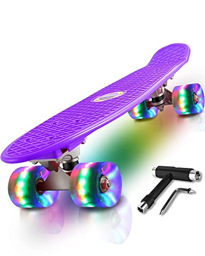 Monopatín Skateboard Completo Niños con 4 Ruedas LED para Niño y Niña Penny Board Mini Cruiser de 55CM con Herramienta T de Patinete Todo-en-uno (Violet)