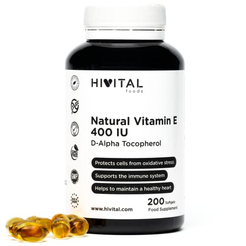 Vitamina E natural 400 UI (D-Alfa Tocoferol) | 200 cápsulas blandas (suministro para más de 6 meses) | Antioxidantes que protegen las células del daño.
