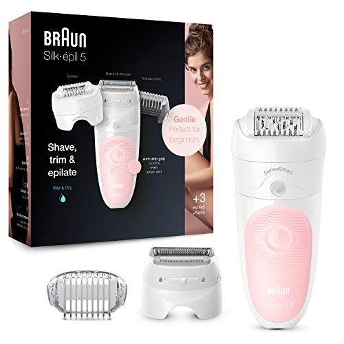 Braun Silk-épil 5 Depiladora Mujer 3 en 1 con Tecnología Micro-Grip, Cabezal de Afeitado y Recorte, Uso en Seco y en Mojado, Inalámbrica, 5-620, Blanco/Rosa