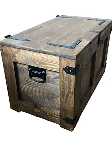 Baúl de madera con cuatro ruedas, caja de madera, baúl, mesa de café, mesa auxiliar, tapa plegable y espacio de almacenamiento, diseño vintage