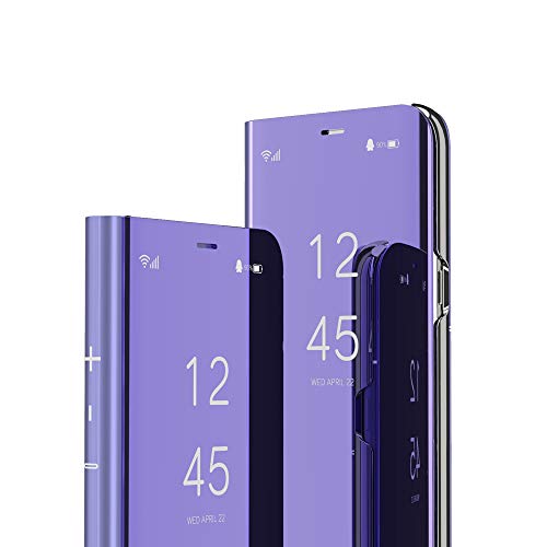 COTDINFOR Huawei Mate 9 Funda Espejo Ultra Slim Ligero Flip Funda Clear View Standing Cover Mirror PC + PU Cover Protectora Bumper Case para Huawei Mate 9 Purple Mirror PU MX.