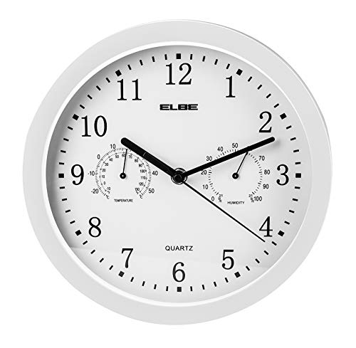 ELBE RP-2005-B Reloj de pared con termómetro e higrómetro, mide temperatura y humedad, 25 cm diámetro, panel blanco marco blanco, funciona con pilas, color blanco