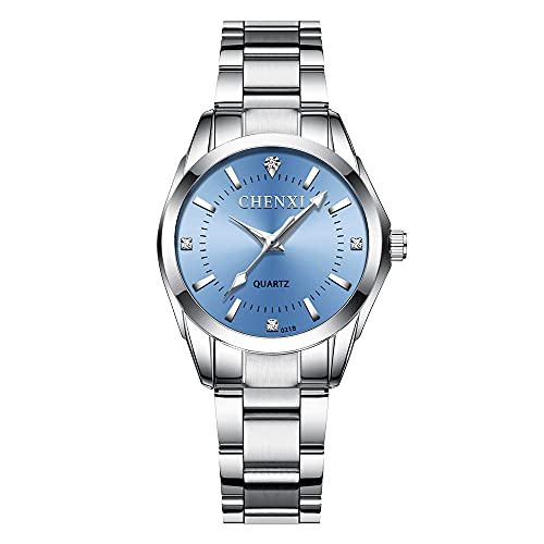 Reloj Para Mujer Reloj de Pulsera CláSico De Negocios,Banda de Acero,Elegantes Relojes de Cuarzo de Acero ​Inoxidable(Azul Claro)