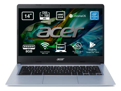 Acer Chromebook 314 CB314-3H - Ordenador Portátil 14' HD LED (Intel Celeron N4500, 8GB RAM, 64GB eMMc, Chrome OS), PC Portátil Color Plata - Teclado QWERTY Español