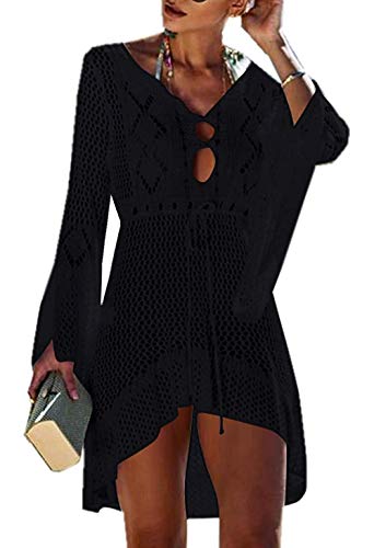 Jinsha Vestido de Playa - Mujer Pareos y Camisola de Playa Sexy Hueco Traje de Baño Punto Bikini Cover up, Negro, talla única