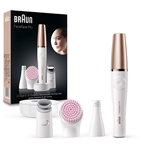 Braun FaceSpa Pro Depiladora Facial Mujer Todo en 1 con Cepillo de Limpieza, Base de Carga, Inalámbrica, SE 912, Blanco/Bronce