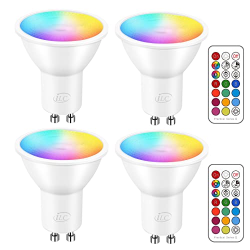 iLC Bombilla LED Foco GU10 Colores RGBW Bombillas spot Cambio de Color Regulable Blanco Cálido 2700k Casquillo - RGB 12 Colore - Control remoto Incluido - Equivalente de 40 Watt (Pack de 4)