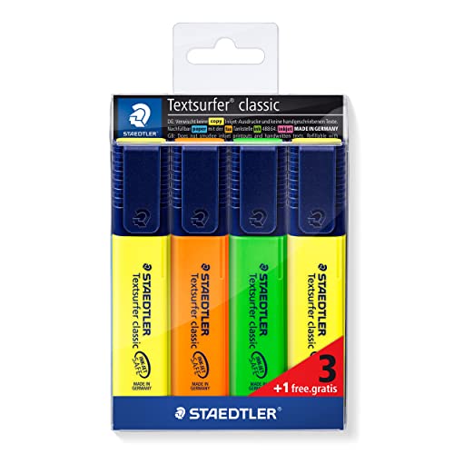 Staedtler Textsurfer Classic 364-S WP4P - Estuche promocional con 3 marcadores fluorescentes en colores surtidos + 1 marcador fluorescente color amarillo, Multicolor
