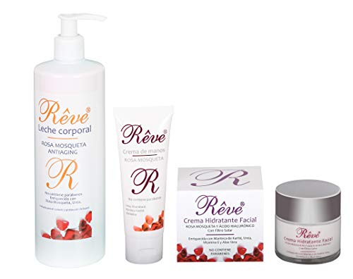 REVE Pack 3 Productos Linea Rosa Mosqueta (1 Crema Hidratante Facial 50 ml + 1 Leche Corporal 500 ml + 1 Crema de Manos 50 ml)