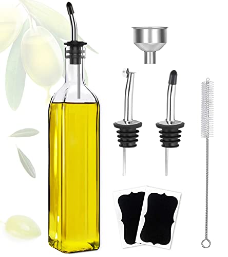 Botella Aceitera Antigoteo,Botella de aceite y vinagre de 500 ml, vidrio alto cuadrado con 2 vertidores de acero inoxidable, 2 etiquetas y 1 embudo 1 cepillo, para botellas de aceite para la cocina