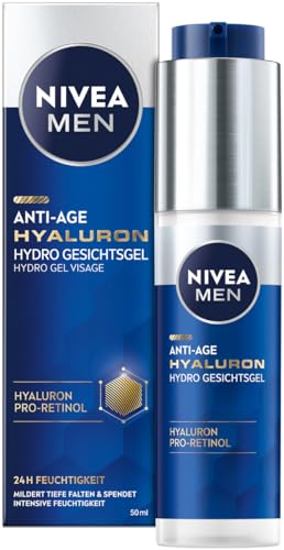 NIVEA MEN Gel facial Hydro Hydro antiedad con ácido hialurónico y pro-retinol, gel de absorción rápida para 24 horas de hidratación intensa y mitigación visible de arrugas (50 ml)