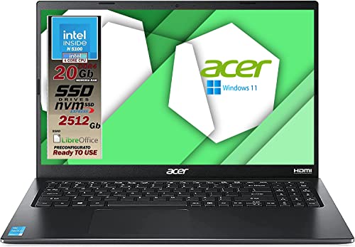 Acer Ordenador portátil Intel N5100 de 4 núcleos, RAM de 20 Gb Ddr4, SSDHD de 2512GB, pantalla Full HD IPS de 15.6', cámara web, USB, hdmi, bt, lan, wi-fi, libre Office, listo para usar Gar. Ita