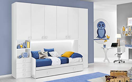 Dafne Italian Design Habitación completa con puente, color blanco (doble cama individual y armario) (300 x 96 x 259 cm)