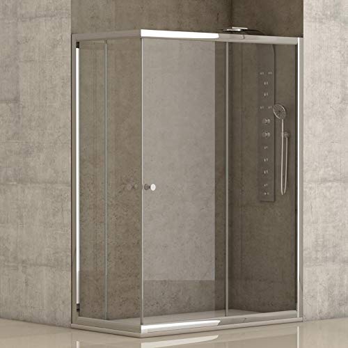 Mampara de ducha angular 2 hojas fijas + 2 hojas correderas con cristal transparente templado de seguridad de 4mm modelo Bricodomo Catalonia 70x100 (Adaptable 69-70cm a 99-100cm)