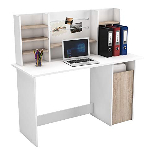Mesa de Ordenador Escritorio con altillo 135cm. Blanco y Roble. para habitación Juvenil, Estudio, despacho.
