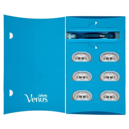 Venus Gillette Smooth Maquinilla de Afeitar / Depilación Para Mujer + 6 Cuchillas Recambio, 3 Hojas Curvadas Rodeadas Por Almohadillas Protectoras