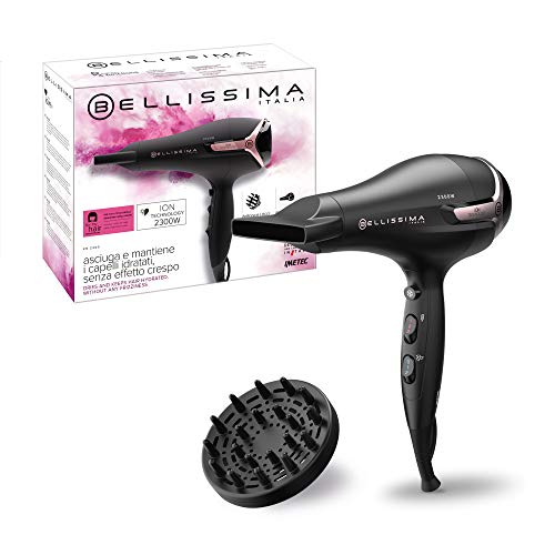 BELLISSIMA Imetec K9 2300, Secador de pelo, seca y mantiene hidratado el cabello sin efecto rizado, 2300 W, tecnología de iones, 8 combinaciones de flujo de aire a temperatura, difusor incluido