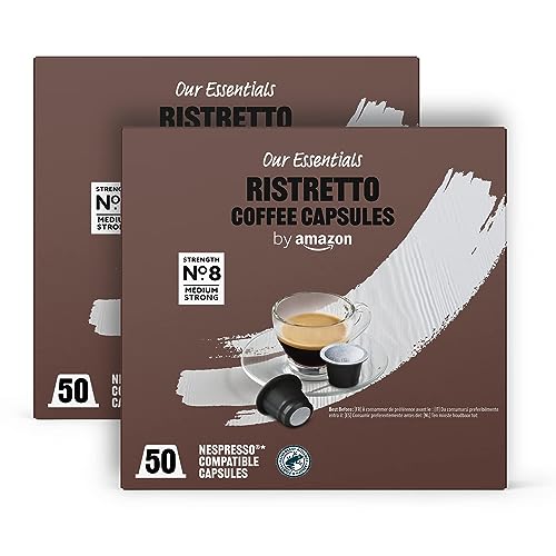 Our Essentials by Amazon Ristretto Cápsulas de café espresso compatibles con Nespresso, 100 cápsulas (2 paquetes x 50) - Certificado Rainforest Alliance