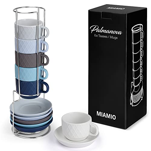 MIAMIO - Juego de tazas de espresso de 6 x 75 ml/Tazas de espresso con patrón de diamante de cerámica - Colección Palmanova (Ocean Edition)
